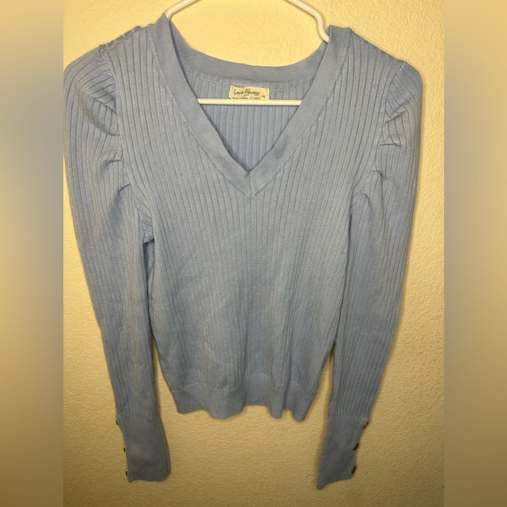 Light Blue Puff Shoulder Sweater With Gold Buttons